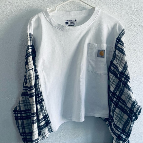 Carhartt Reworked Black Plaid White Long Sleeve Cropped Shirt - Picture 3 of 12